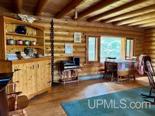 dining space featuring beam ceiling, log walls, wooden ceiling, a baseboard radiator, and wood-type flooring