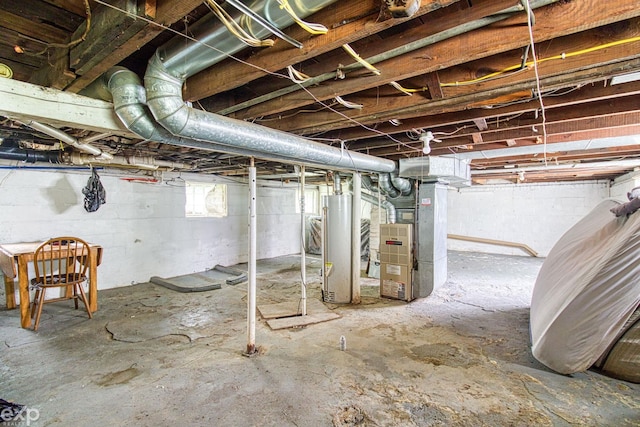 basement with heating unit and water heater