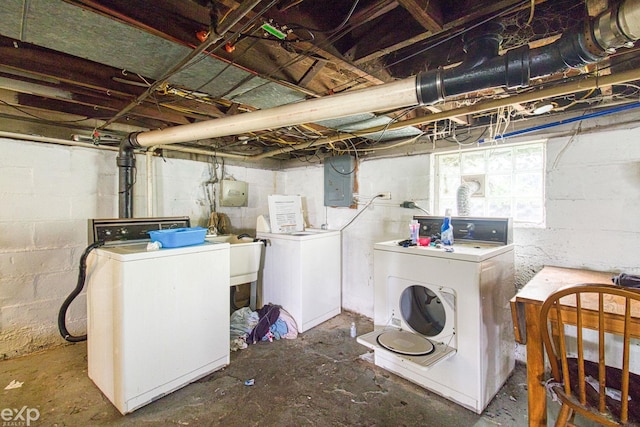 basement with separate washer and dryer and electric panel