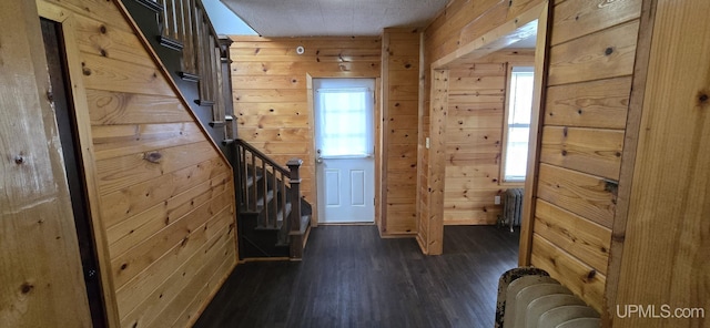 interior space with wood walls and dark hardwood / wood-style flooring