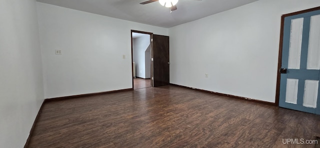 empty room featuring ceiling fan and dark hardwood / wood-style floors