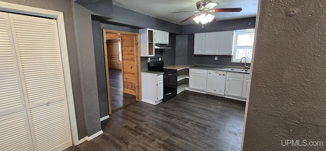 kitchen featuring white cabinetry, dishwasher, dark wood-type flooring, and black range with electric cooktop