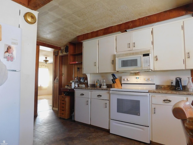 kitchen featuring white cabinets, white appliances, and ceiling fan
