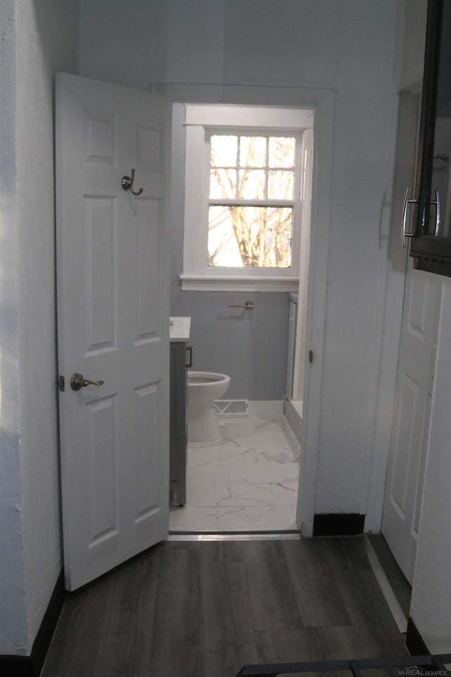 bathroom featuring vanity, toilet, and wood-type flooring