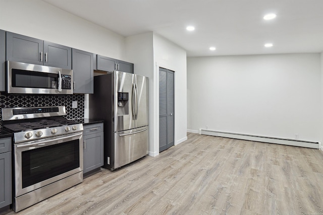 kitchen featuring gray cabinetry, a baseboard heating unit, and appliances with stainless steel finishes