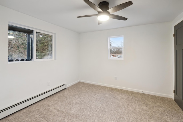 unfurnished room featuring carpet, ceiling fan, and a baseboard radiator