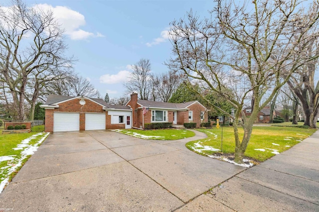 ranch-style home featuring a front lawn and a garage