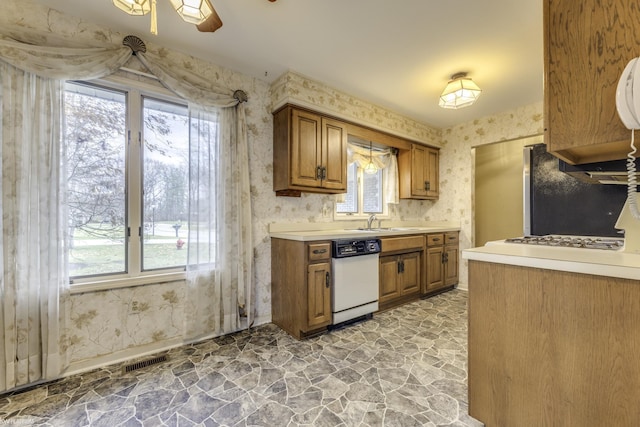 kitchen featuring appliances with stainless steel finishes, sink, plenty of natural light, and ceiling fan