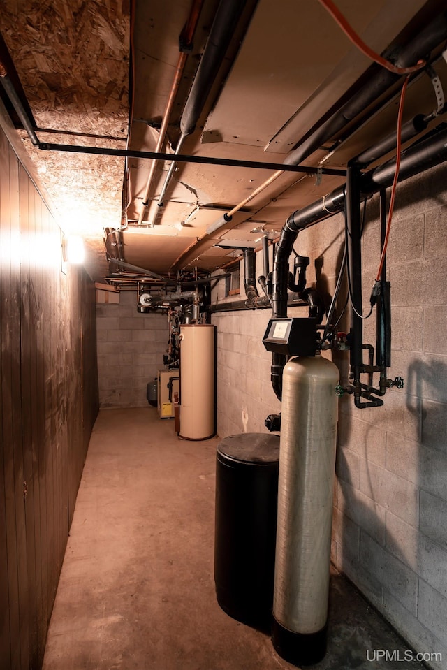 basement featuring wood walls and gas water heater