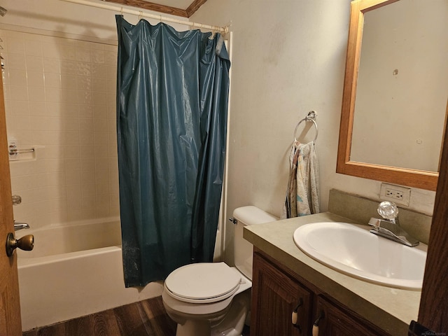 full bathroom with shower / bath combination with curtain, toilet, hardwood / wood-style flooring, vanity, and ornamental molding