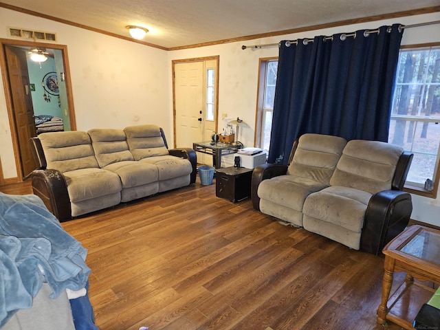 living room with ornamental molding, a wealth of natural light, and dark wood-type flooring