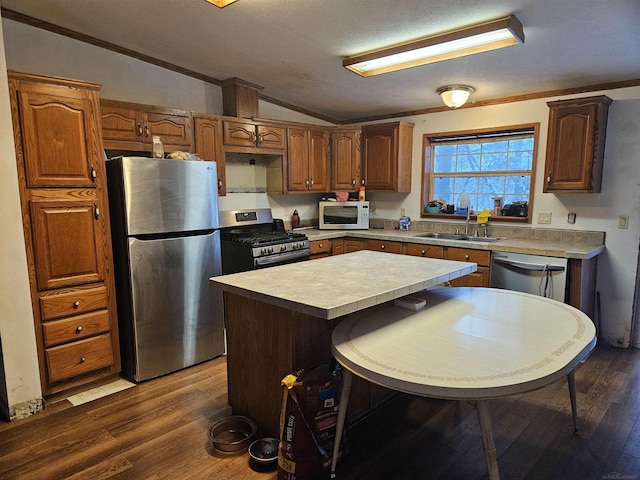 kitchen featuring sink, dark wood-type flooring, stainless steel appliances, lofted ceiling, and a kitchen island