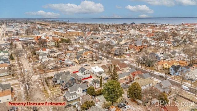 aerial view featuring a water view