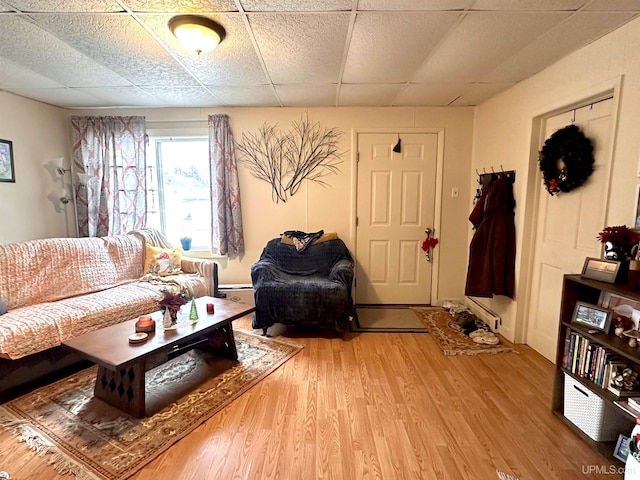 living room featuring a paneled ceiling and light wood-type flooring