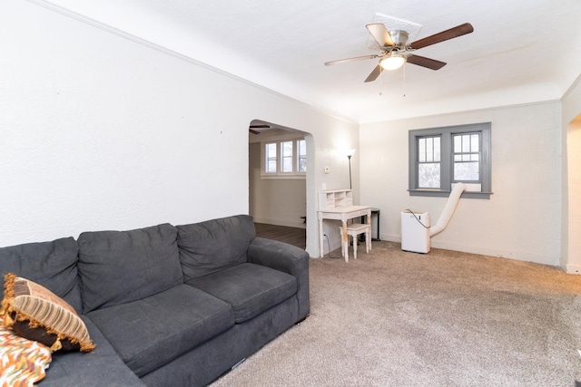 carpeted living room with plenty of natural light, crown molding, and ceiling fan