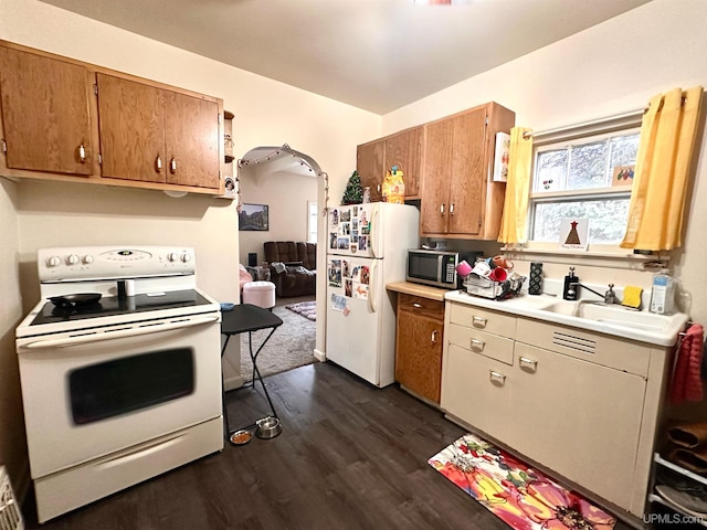 kitchen with dark hardwood / wood-style flooring, white appliances, and sink