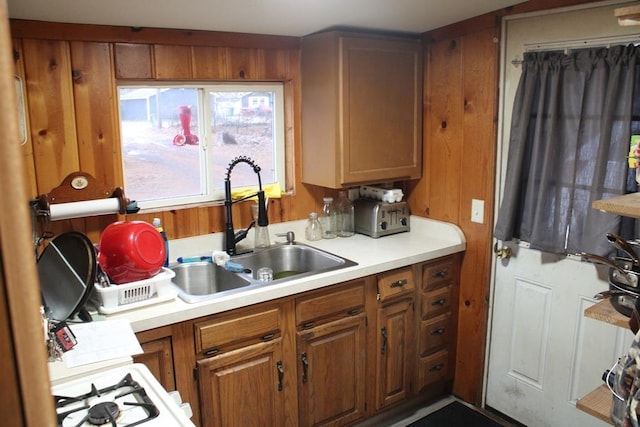 kitchen featuring wooden walls and sink