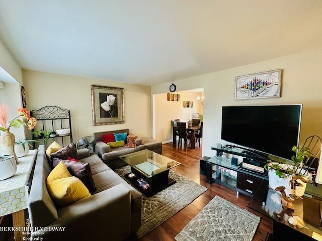 living room with dark hardwood / wood-style floors