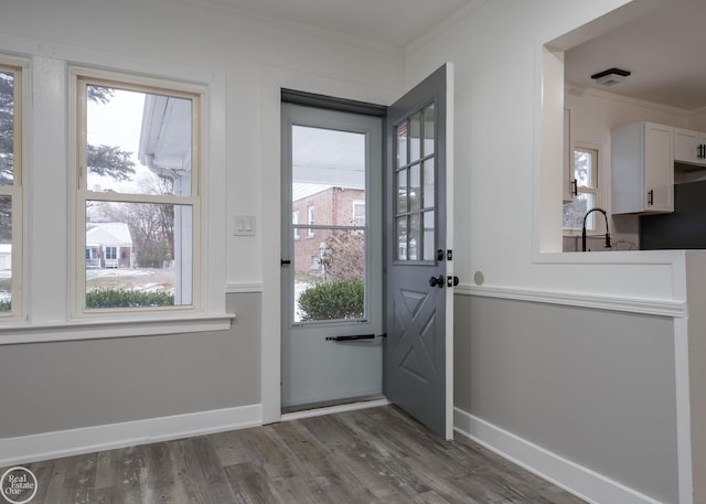 doorway with hardwood / wood-style floors, ornamental molding, and sink