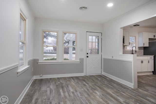 interior space with plenty of natural light, crown molding, light wood-type flooring, and sink