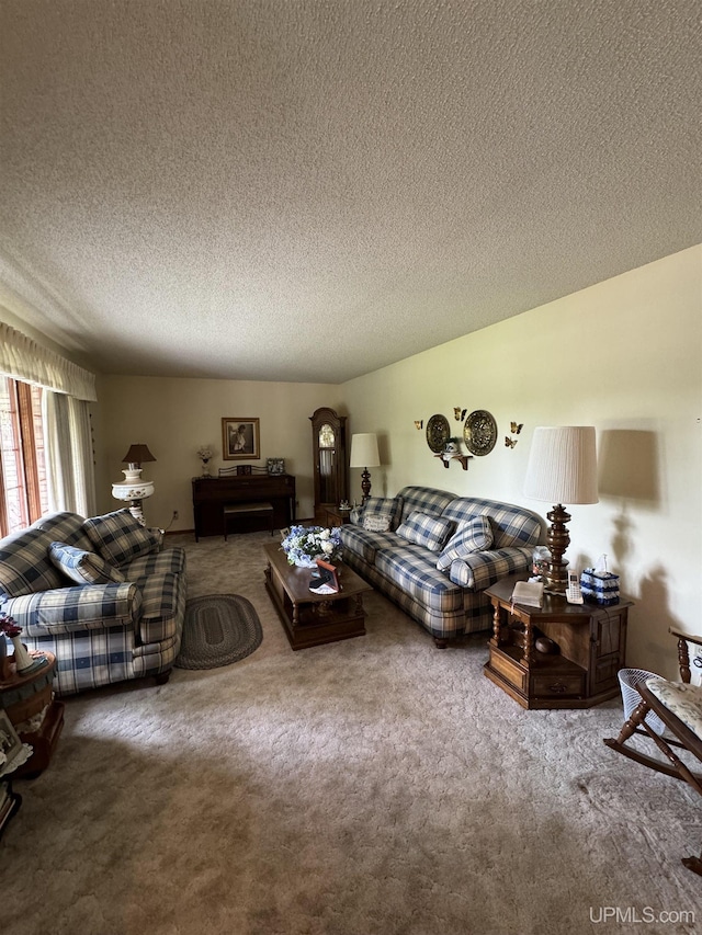 carpeted living room with a textured ceiling