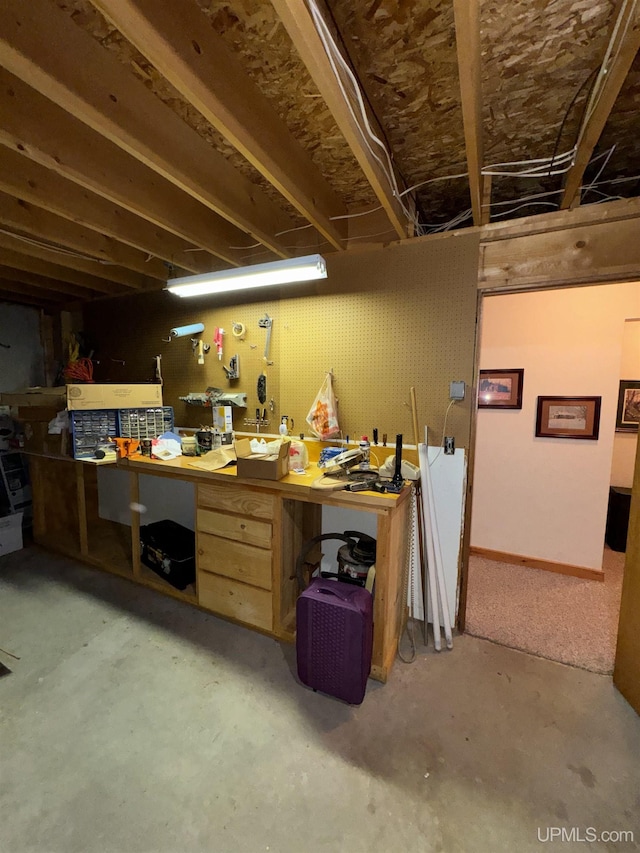 basement with a workshop area