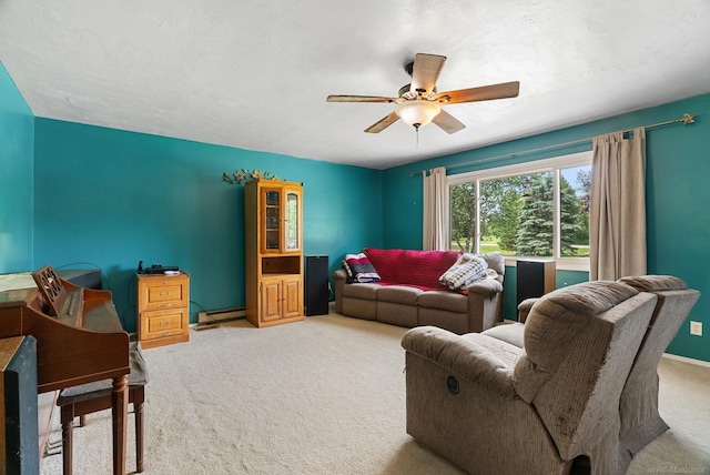 living room with carpet flooring and ceiling fan