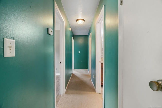 hall with light colored carpet