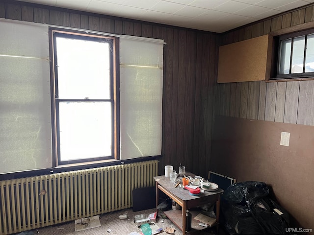 misc room featuring wood walls and radiator heating unit