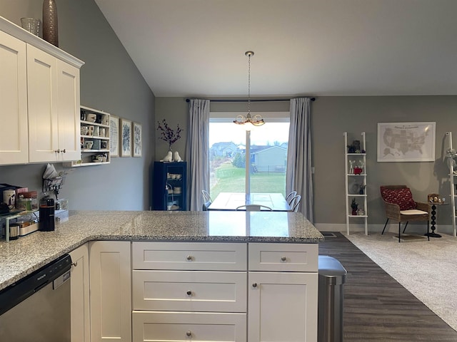 kitchen featuring dark colored carpet, dishwasher, light stone countertops, and white cabinetry