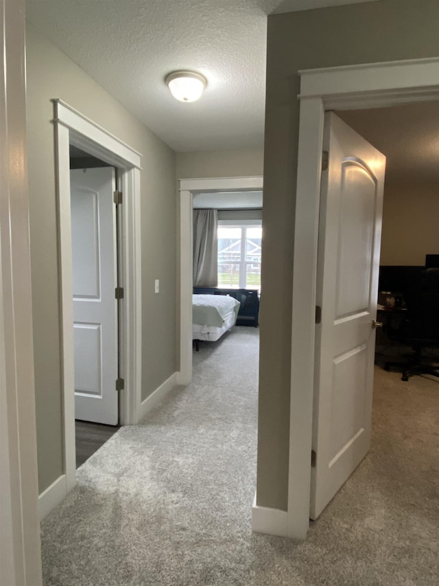 corridor featuring carpet floors and a textured ceiling