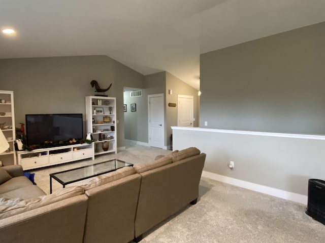 living room with light carpet and lofted ceiling