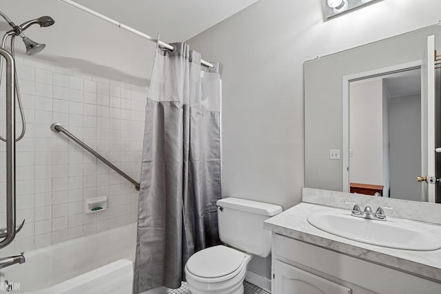 full bathroom with vanity, toilet, and shower / bathtub combination with curtain