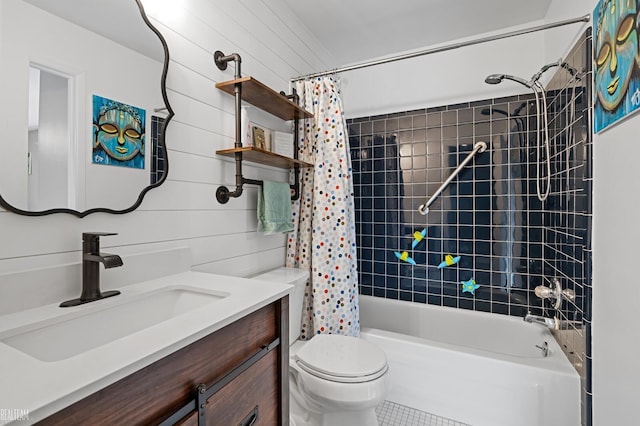 full bathroom featuring vanity, wood walls, shower / bath combo, tile patterned flooring, and toilet