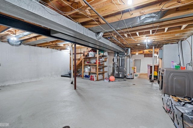 basement with heating unit and water heater