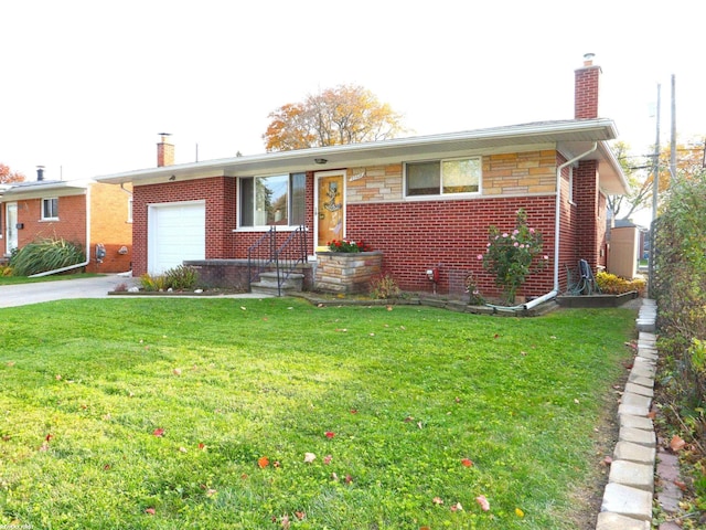 view of front of property with a garage and a front lawn