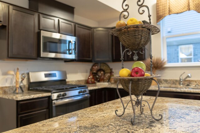 kitchen featuring appliances with stainless steel finishes, dark brown cabinetry, light stone counters, and sink