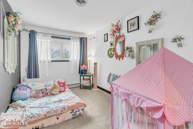 carpeted bedroom with a baseboard radiator