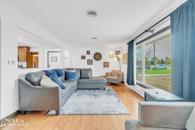 living room with light hardwood / wood-style flooring