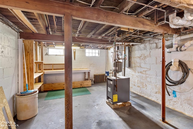 basement with radiator heating unit