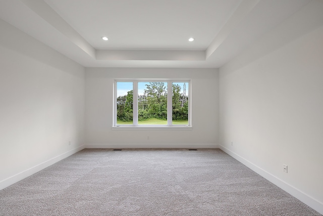 carpeted empty room featuring a tray ceiling