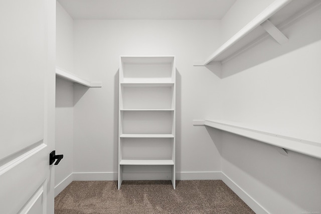 walk in closet featuring dark carpet