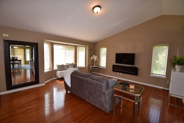 living room with lofted ceiling and dark hardwood / wood-style floors