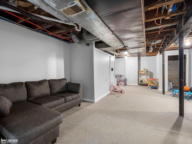 basement with carpet flooring