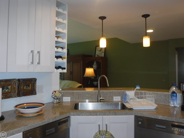 kitchen with white cabinetry, sink, dishwasher, pendant lighting, and dishwashing machine