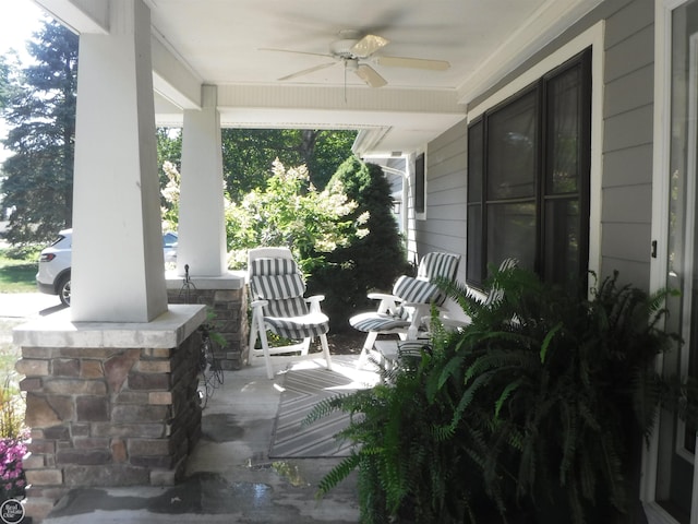 view of patio / terrace featuring ceiling fan and covered porch