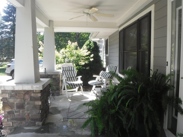 view of patio / terrace featuring ceiling fan and covered porch