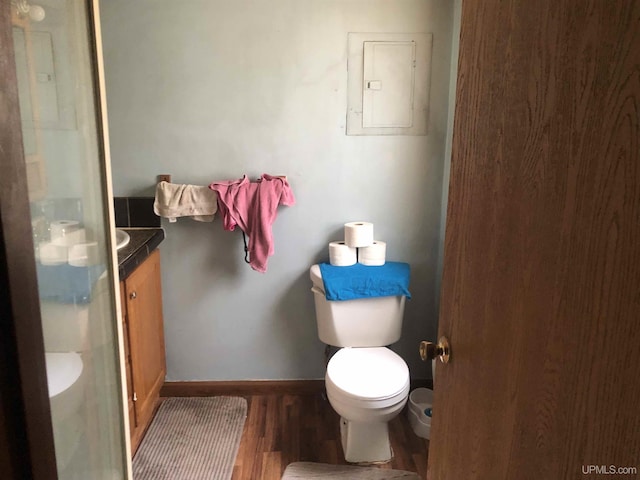 bathroom featuring electric panel, a shower, vanity, and wood-type flooring