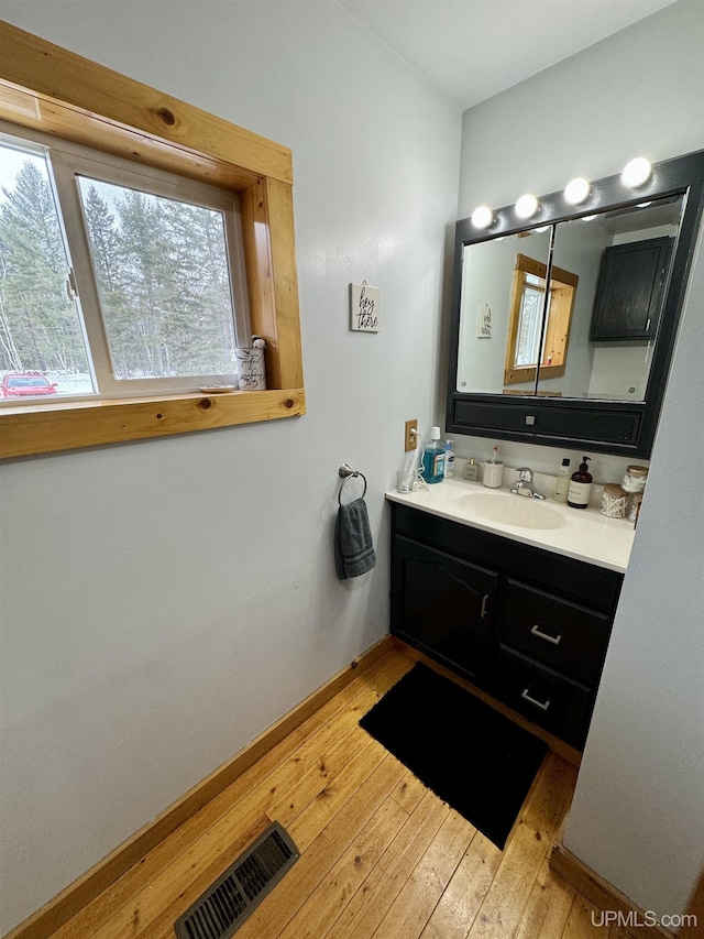 bathroom with vanity and wood-type flooring