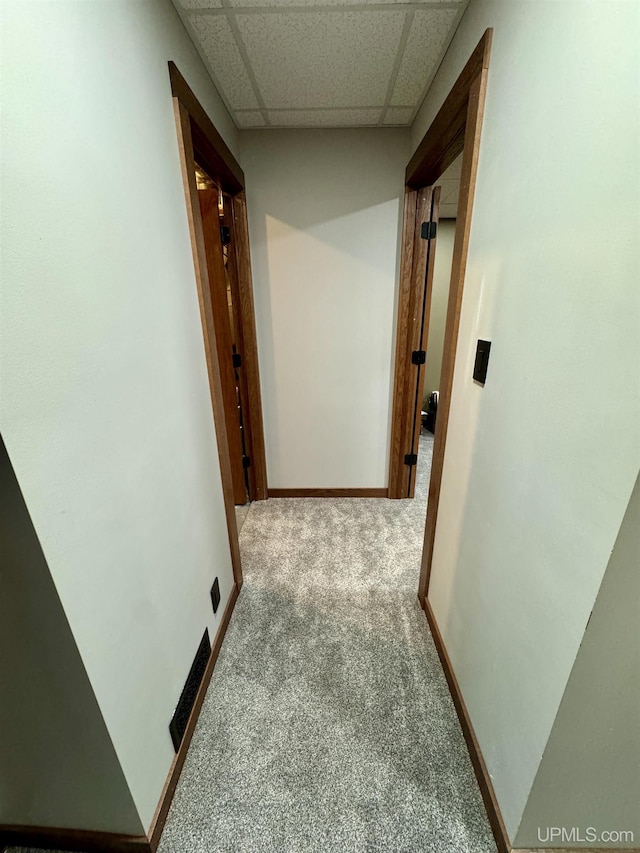 corridor with a paneled ceiling and light colored carpet